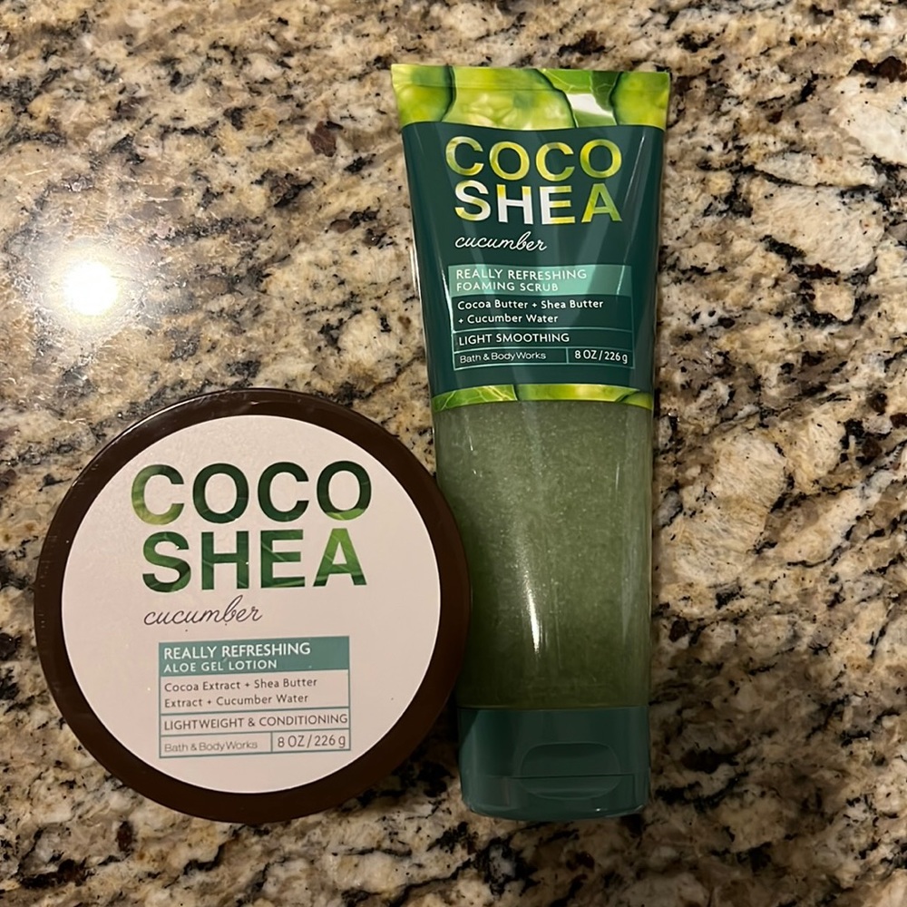 Bath and Bodyworks cocoa Shea cucumber Jill lotion and foaming scrub